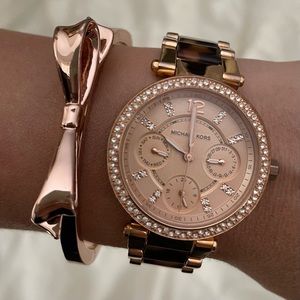 SET of Michael Kors Parker Rose Gold & Tortoise Watch | Kate Spade Bow Bangle